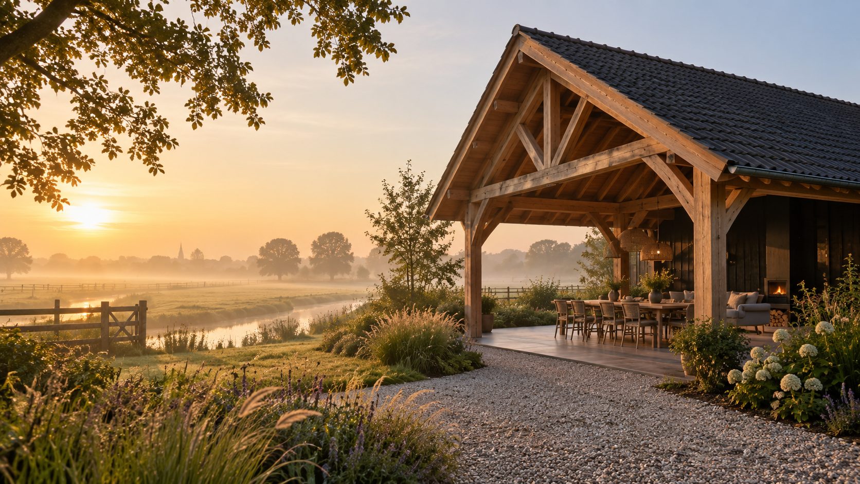 Houten buitenverblijf met overkapping aan het water bij zonsopgang